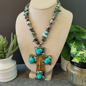 Christian Cross Genuine Turquoise Tiger Eye Statement Necklace 17in